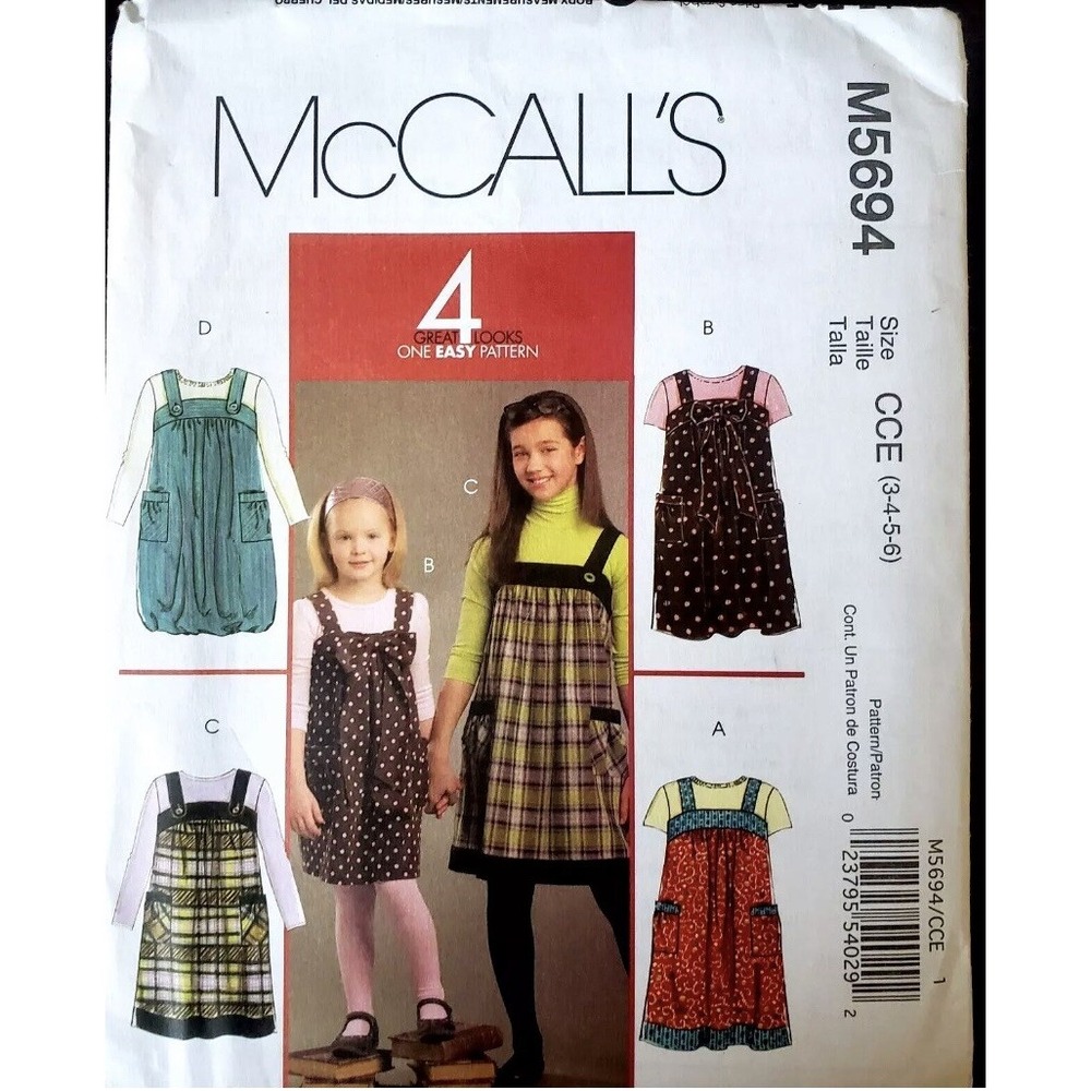 McCalls M5694 Girls Jumper Dress Sewing Pattern Size 3-6 Uncut 4-in-1 Design
